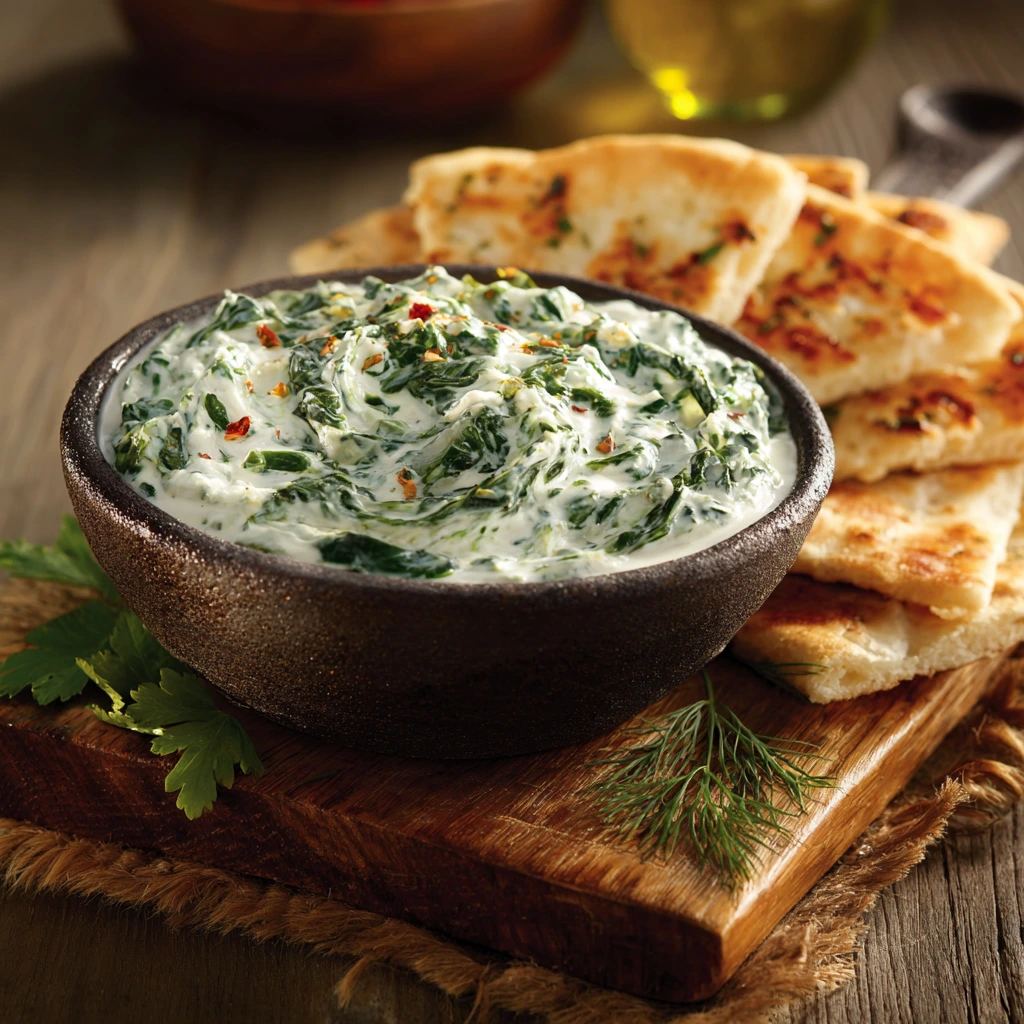 Creamy Knorr Spinach Dip served in a bread bowl with fresh vegetables and crackers