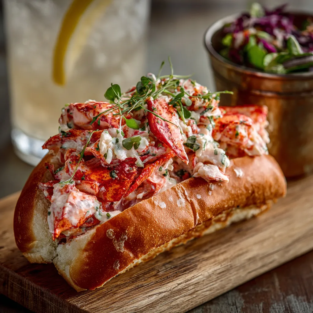 Homemade lobster roll with fresh lobster meat, mayo dressing, and a toasted split-top bun