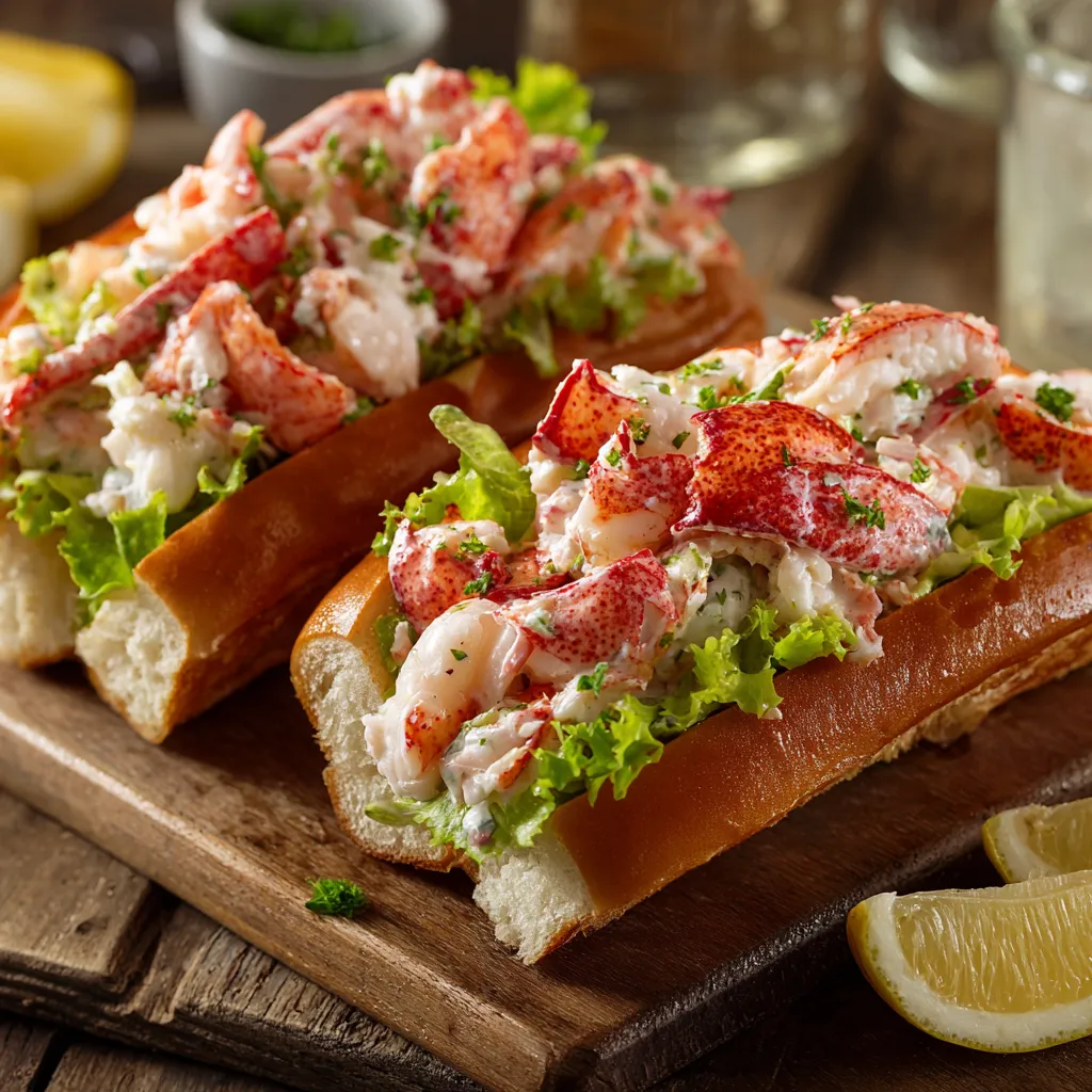 Homemade lobster roll with fresh lobster meat, mayo dressing, and a toasted split-top bun
