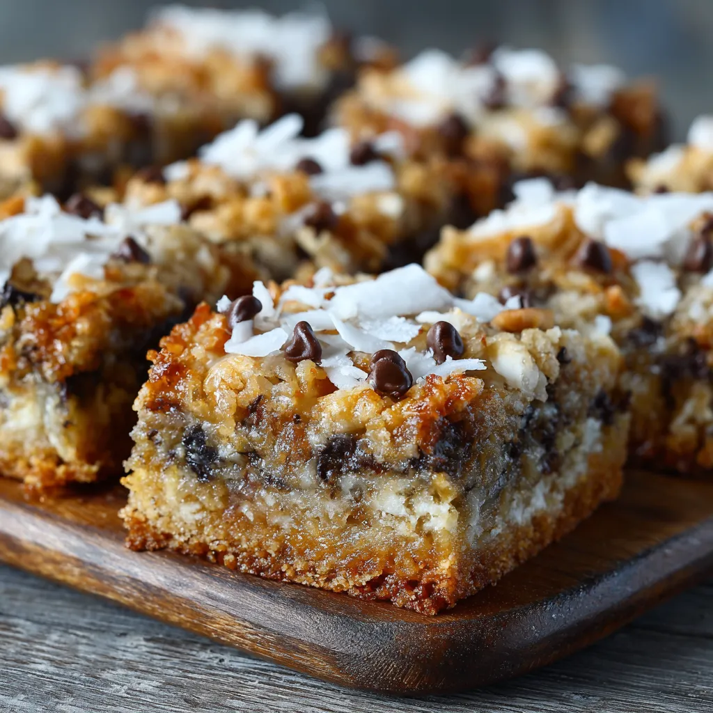 Magic Cookie Bars freshly baked on a tray with gooey layers of chocolate, coconut, and nuts