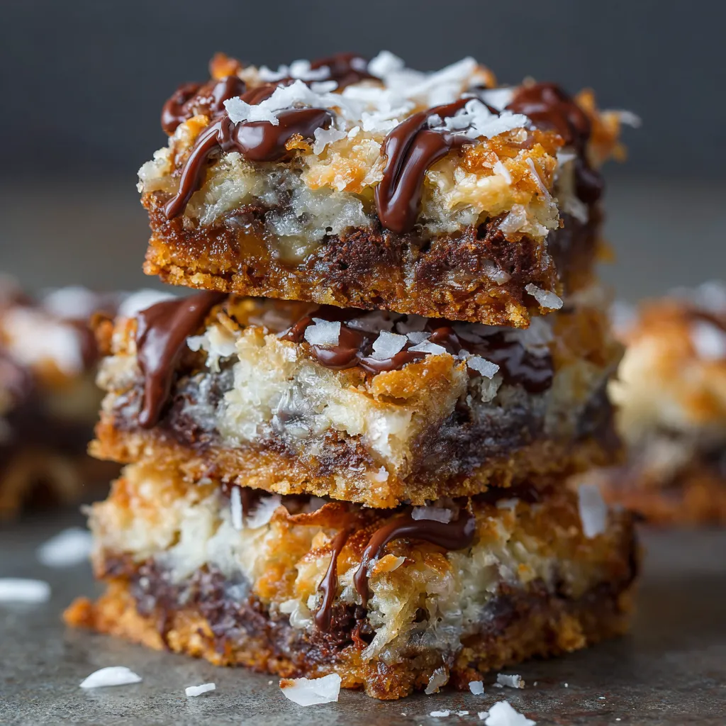 Magic Cookie Bars freshly baked on a tray with gooey layers of chocolate, coconut, and nuts