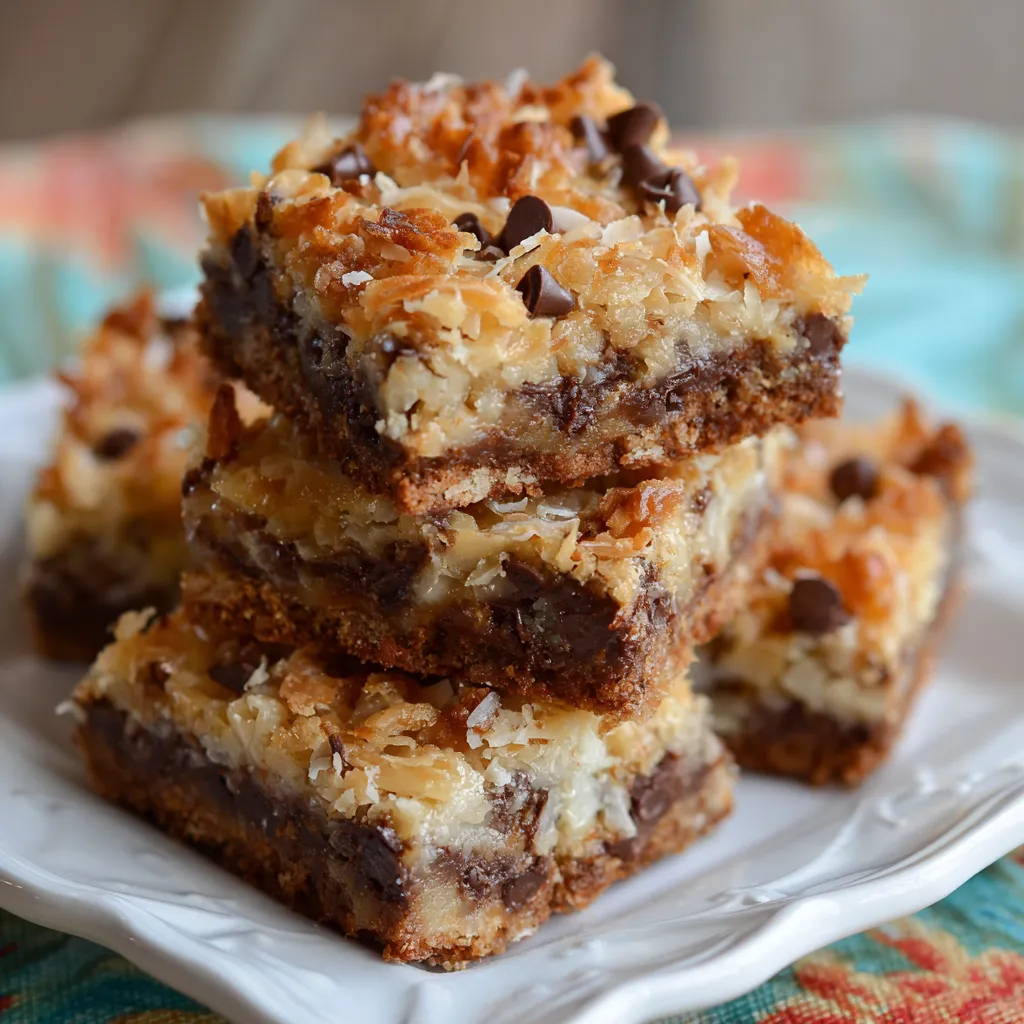 Magic Cookie Bars freshly baked on a tray with gooey layers of chocolate, coconut, and nuts