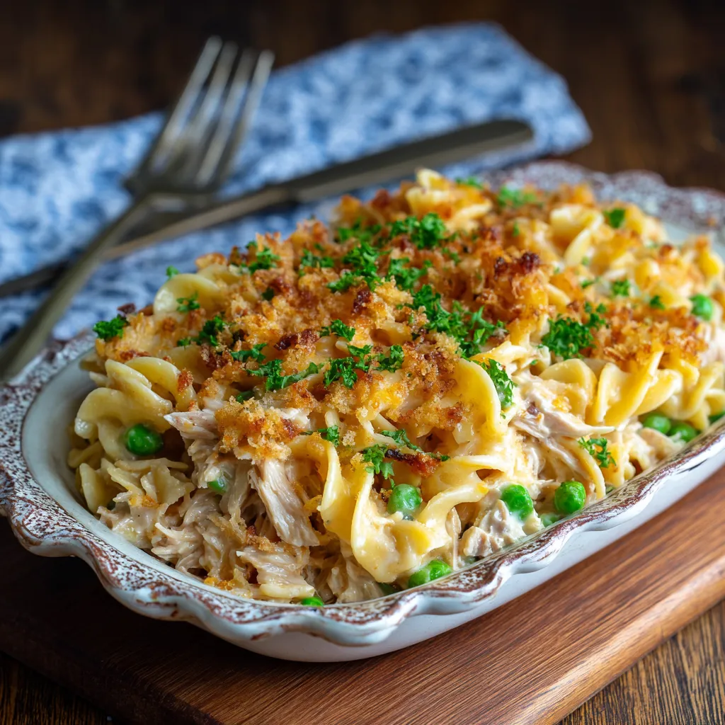 Old-fashioned tuna casserole baked with noodles, creamy sauce, and golden breadcrumbs