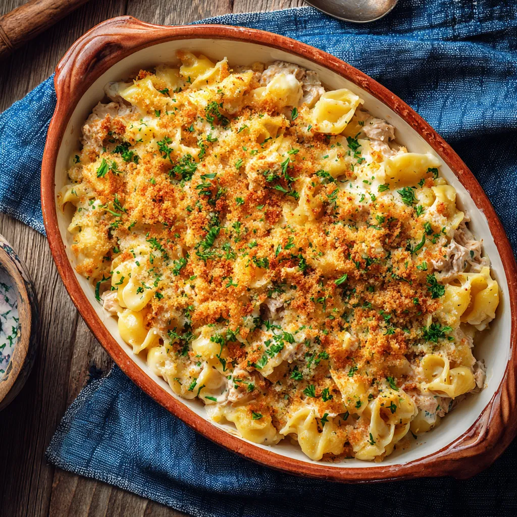 Old-fashioned tuna casserole baked with noodles, creamy sauce, and golden breadcrumbs