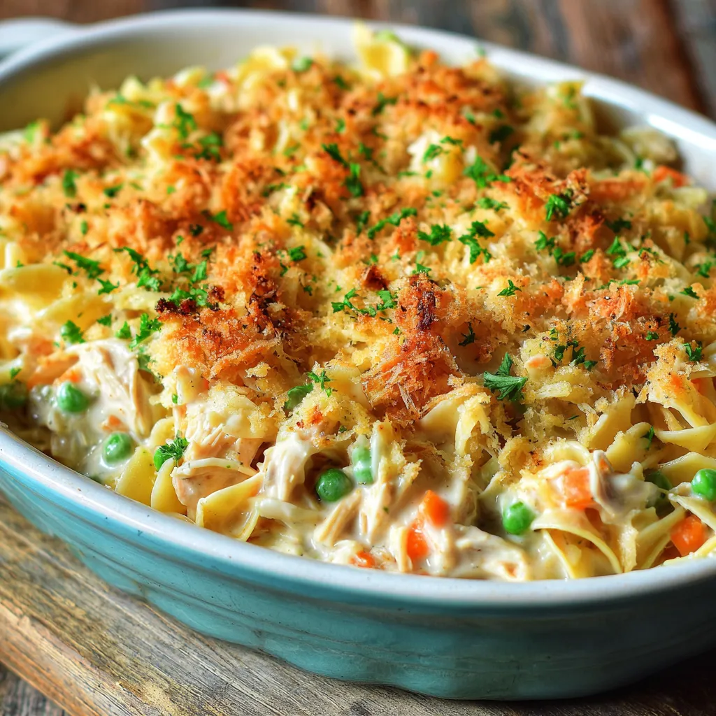 Old-fashioned tuna casserole baked with noodles, creamy sauce, and golden breadcrumbs