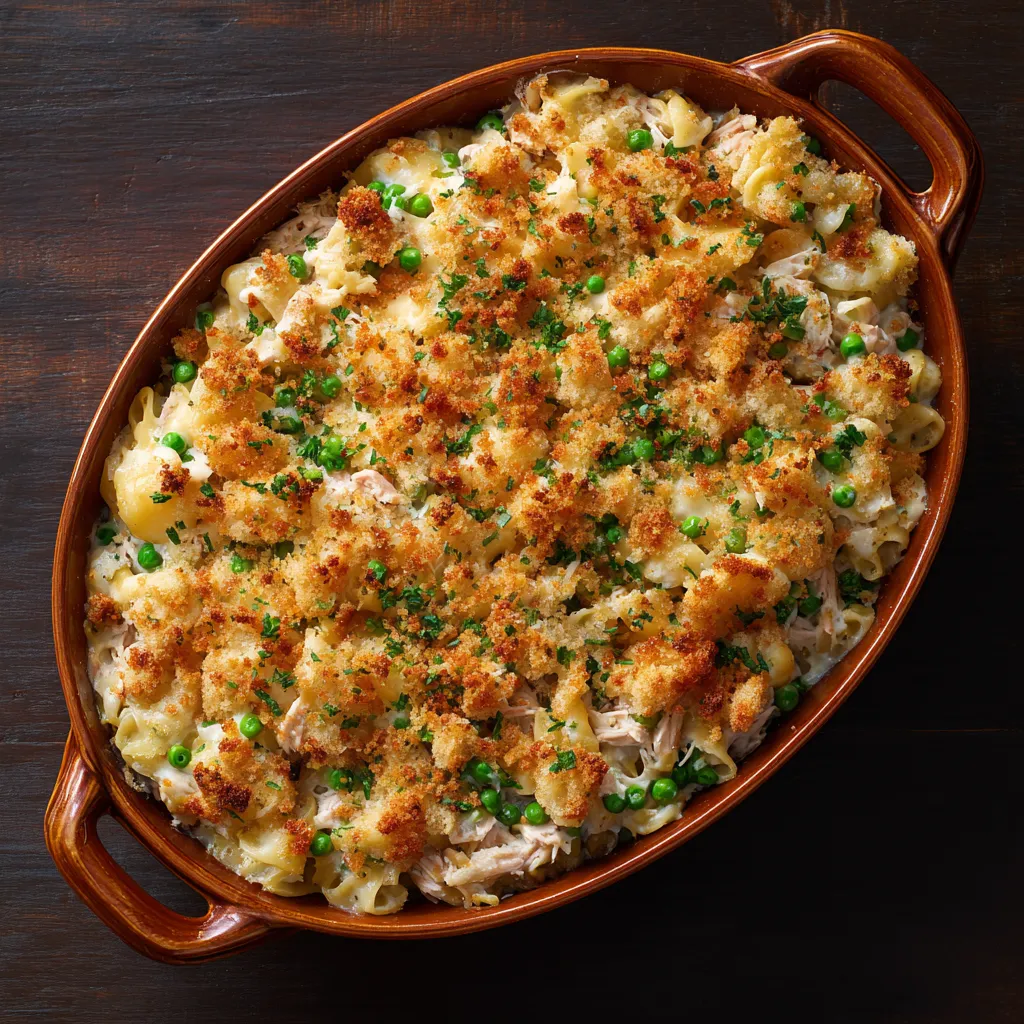 Old-fashioned tuna casserole baked with noodles, creamy sauce, and golden breadcrumbs