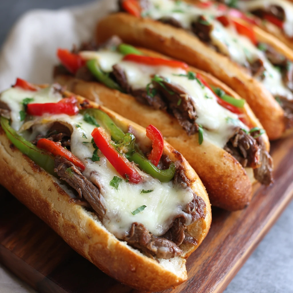 Philly Cheesesteak recipe with melty cheese, tender beef, and sautéed onions on a toasted hoagie roll