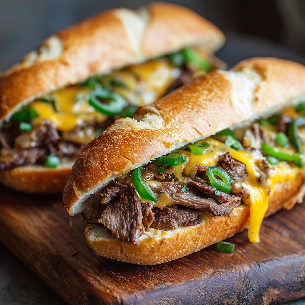 Philly Cheesesteak recipe with melty cheese, tender beef, and sautéed onions on a toasted hoagie roll