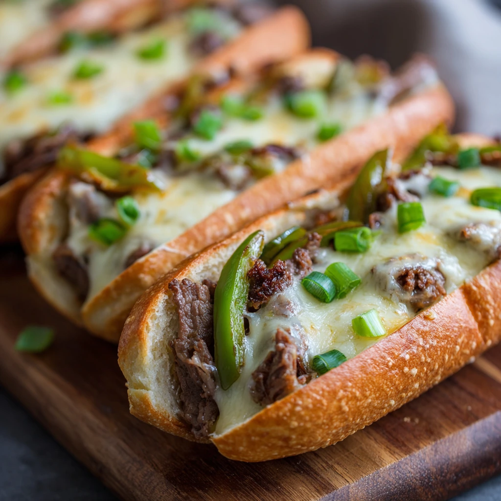 Philly Cheesesteak recipe with melty cheese, tender beef, and sautéed onions on a toasted hoagie roll