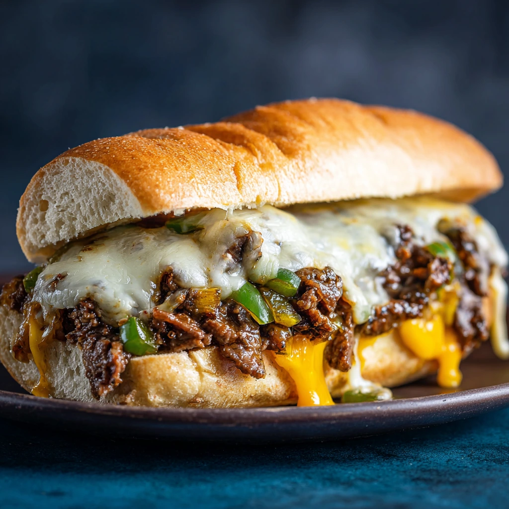 Philly Cheesesteak recipe with melty cheese, tender beef, and sautéed onions on a toasted hoagie roll