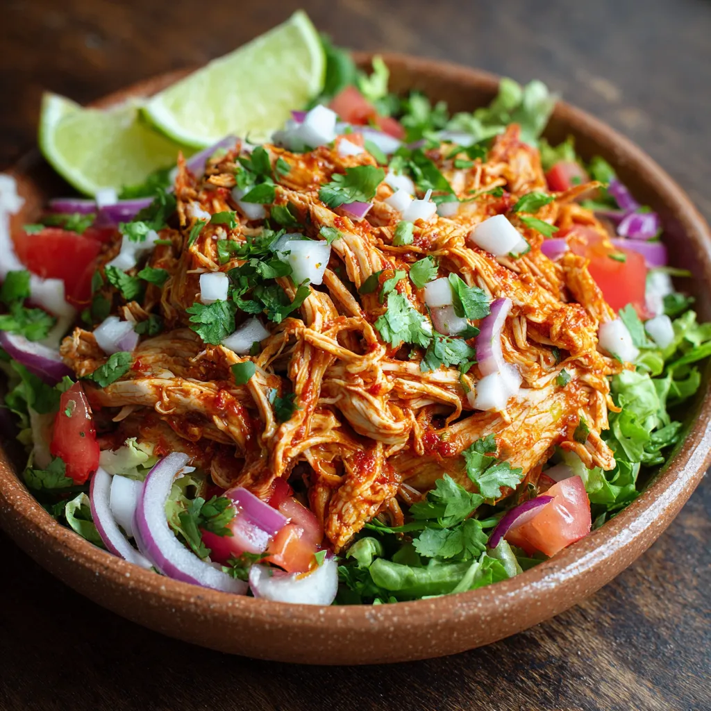 Delicious shredded chicken served for tacos, salads, and other dishes, seasoned to perfection