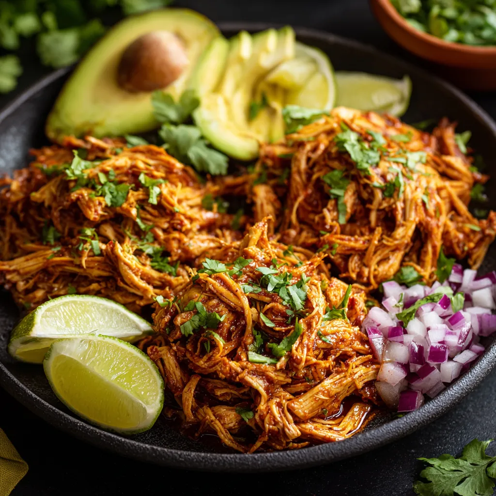 Delicious shredded chicken served for tacos, salads, and other dishes, seasoned to perfection