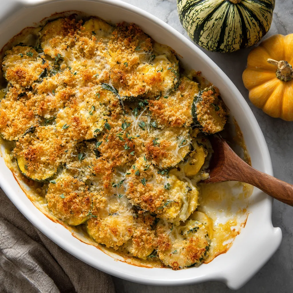 Simple homemade squash casserole baked with golden cheese topping in a white dish.