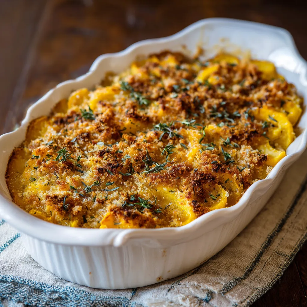 Simple homemade squash casserole baked with golden cheese topping in a white dish.