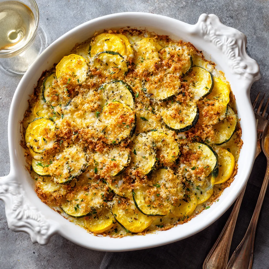 Simple homemade squash casserole baked with golden cheese topping in a white dish.