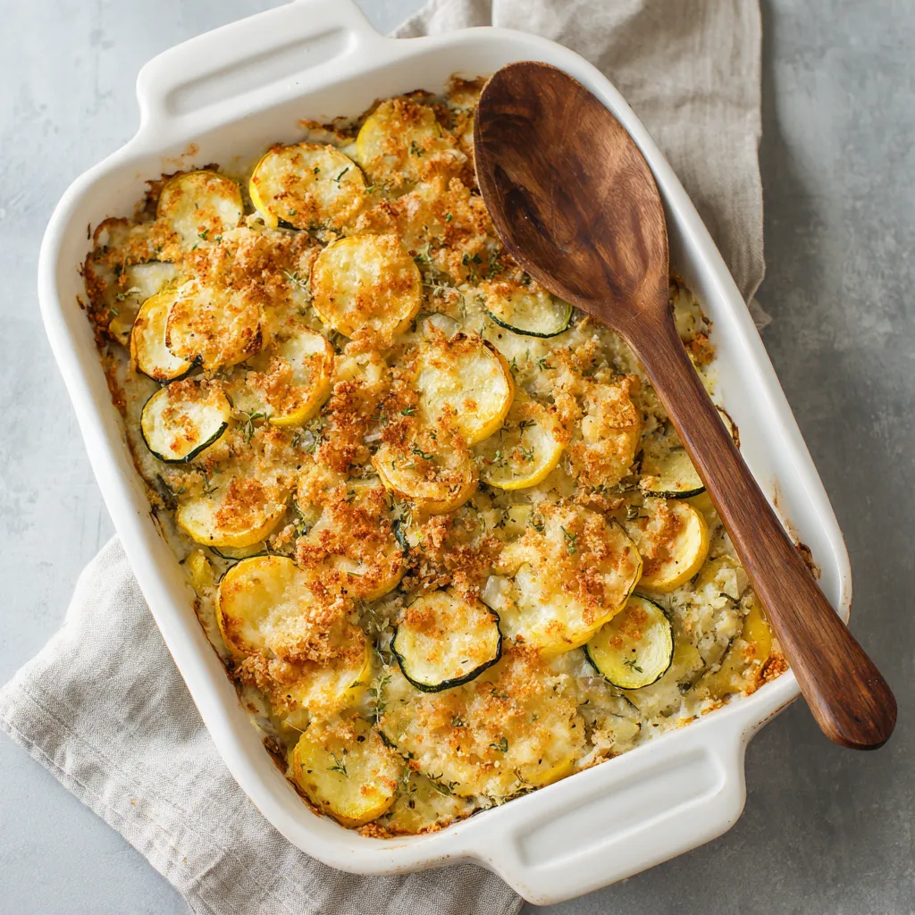 Simple homemade squash casserole baked with golden cheese topping in a white dish.