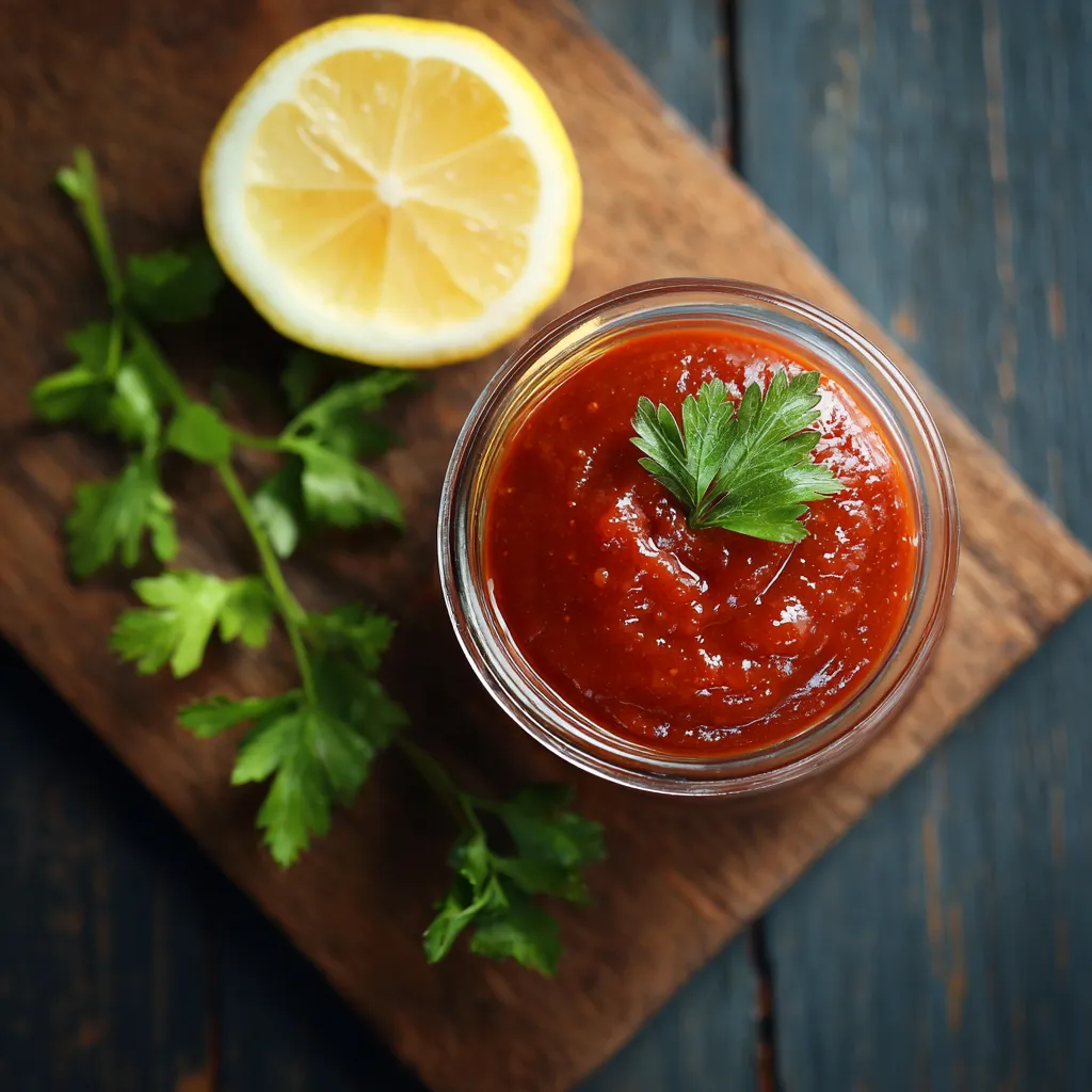 Vegan cocktail sauce in a small bowl with lemon and horseradish, served with vegan shrimp and veggies
