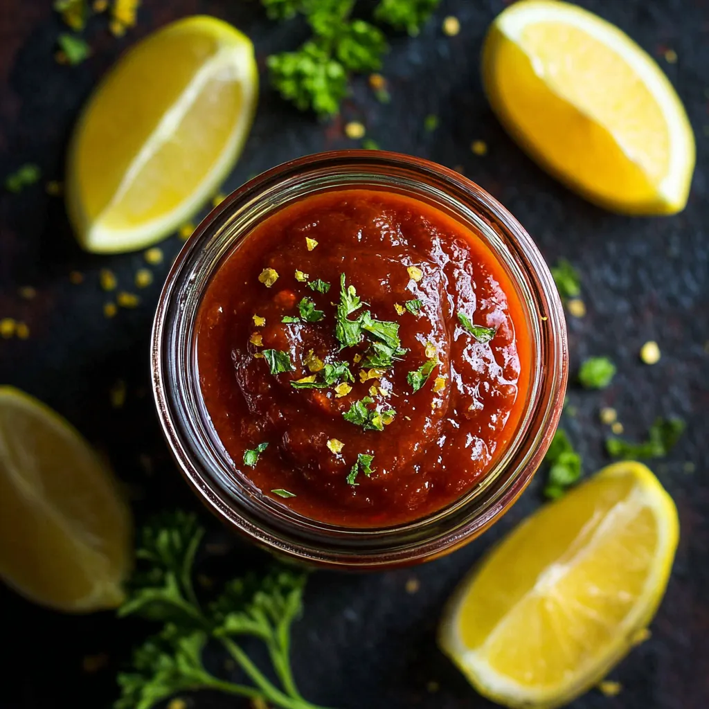 Vegan cocktail sauce in a small bowl with lemon and horseradish, served with vegan shrimp and veggies