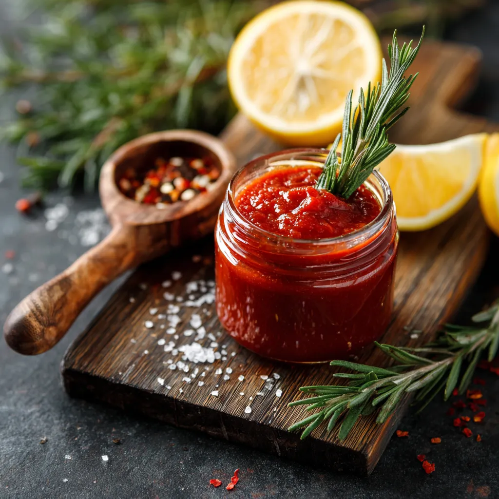 Vegan cocktail sauce in a small bowl with lemon and horseradish, served with vegan shrimp and veggies