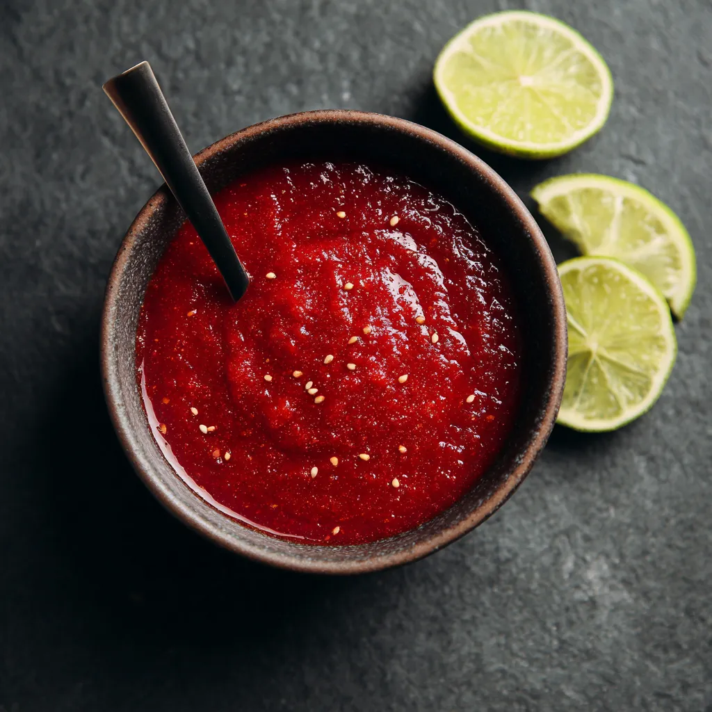 Vegan cocktail sauce in a small bowl with lemon and horseradish, served with vegan shrimp and veggies