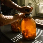 Active Ginger Bug in a glass jar with bubbles, cloth cover, and fresh ginger and sugar on a wooden countertop