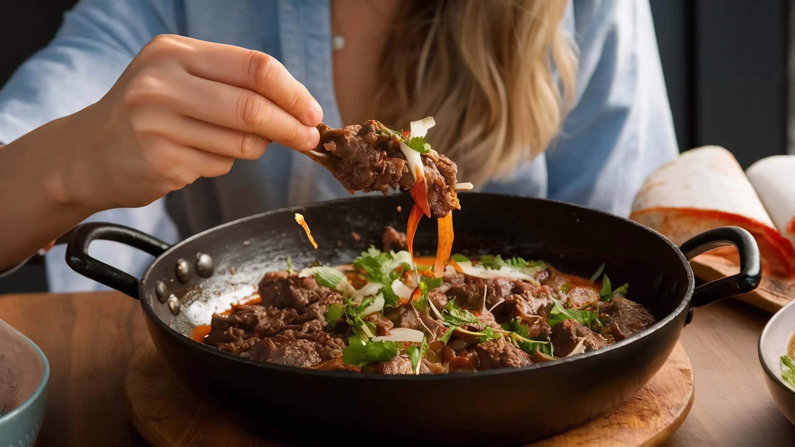 Easy Korean Beef Recipe served with rice and green onions.