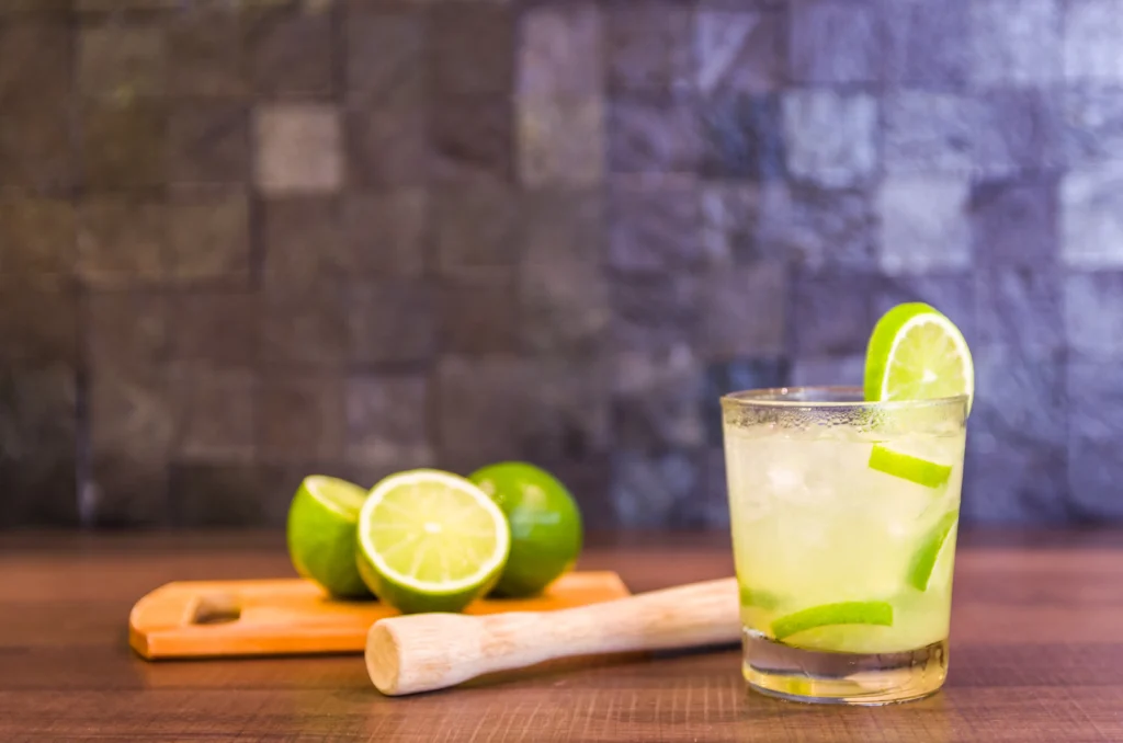 Skinny Margarita cocktail with lime and salt rim on a glass