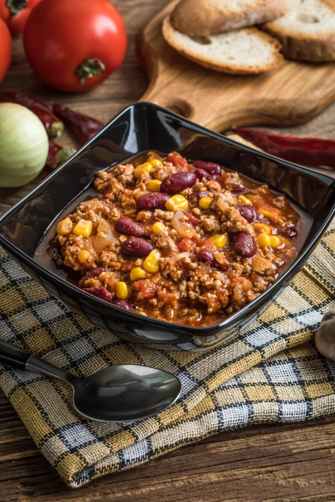 Bowl of award-winning crockpot chili topped with shredded cheese, sour cream, and fresh herbs