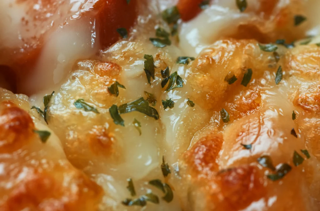 Golden Crab Brulee topped with melted Gruyère cheese and caramelized shallots in a ramekin