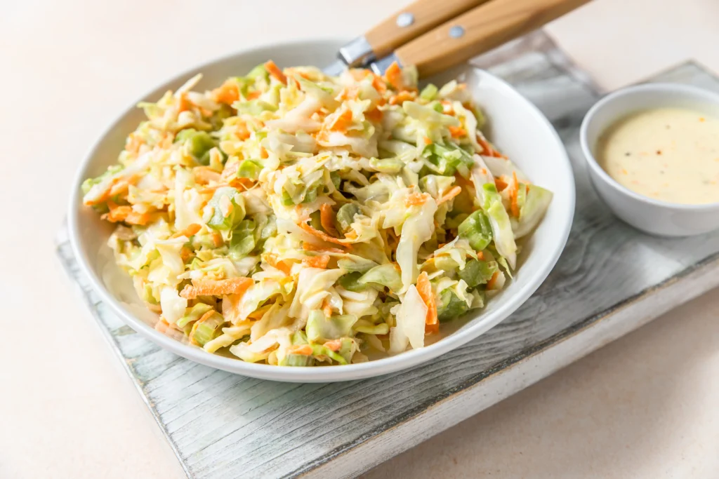 A bowl of creamy KFC coleslaw with finely chopped cabbage and carrots in a tangy dressing, served as a side dish for any meal.