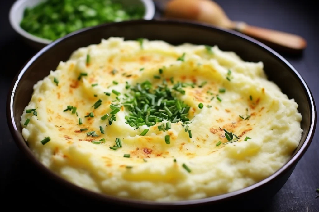 A rustic plate filled with crispy mashed potato cakes, garnished with fresh herbs, served with a small bowl of sour cream on a wooden table, showcasing creative ways to use leftover mashed potatoes.
