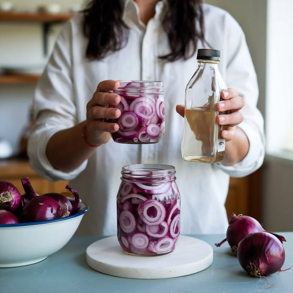 Homemade pickled red onions in a glass jar with vinegar, peppercorns, and garlic on a kitchen counter.