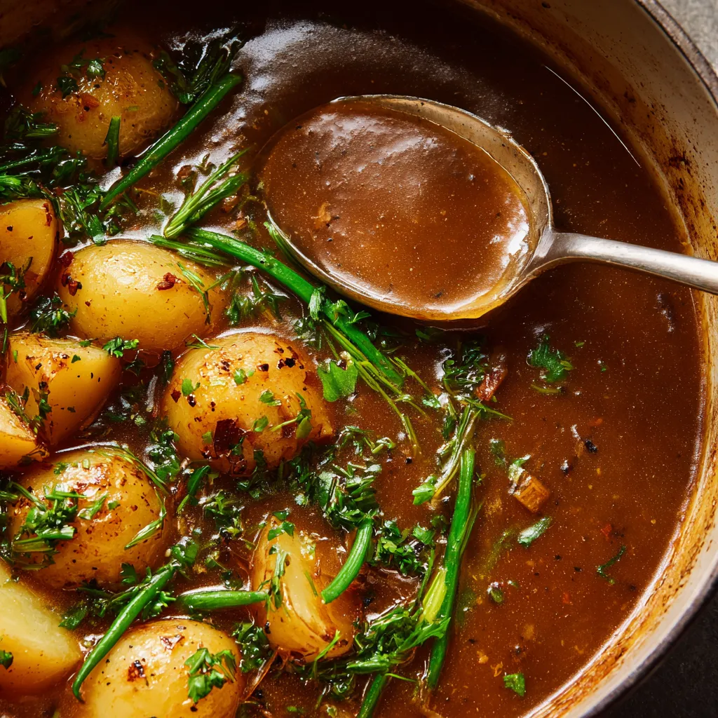 Brown Gravy Recipe
One-pot brown gravy in a saucepan, rich and silky, ready to pour over mashed potatoes