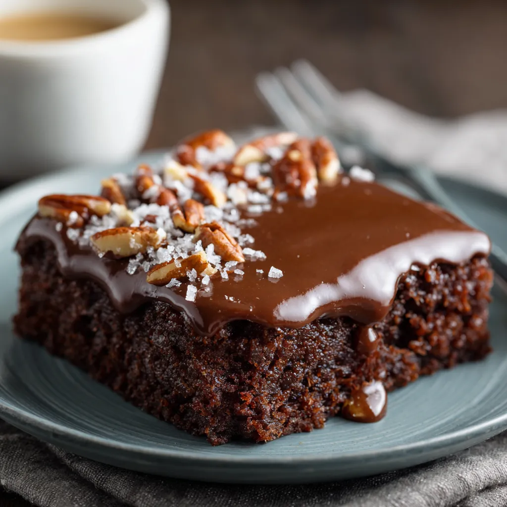 Homemade Texas sheet cake topped with rich chocolate frosting and chopped pecans