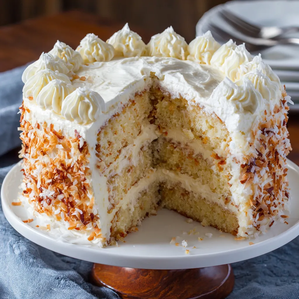 Moist coconut cake with cream cheese frosting topped with shredded coconut on a white cake stand.