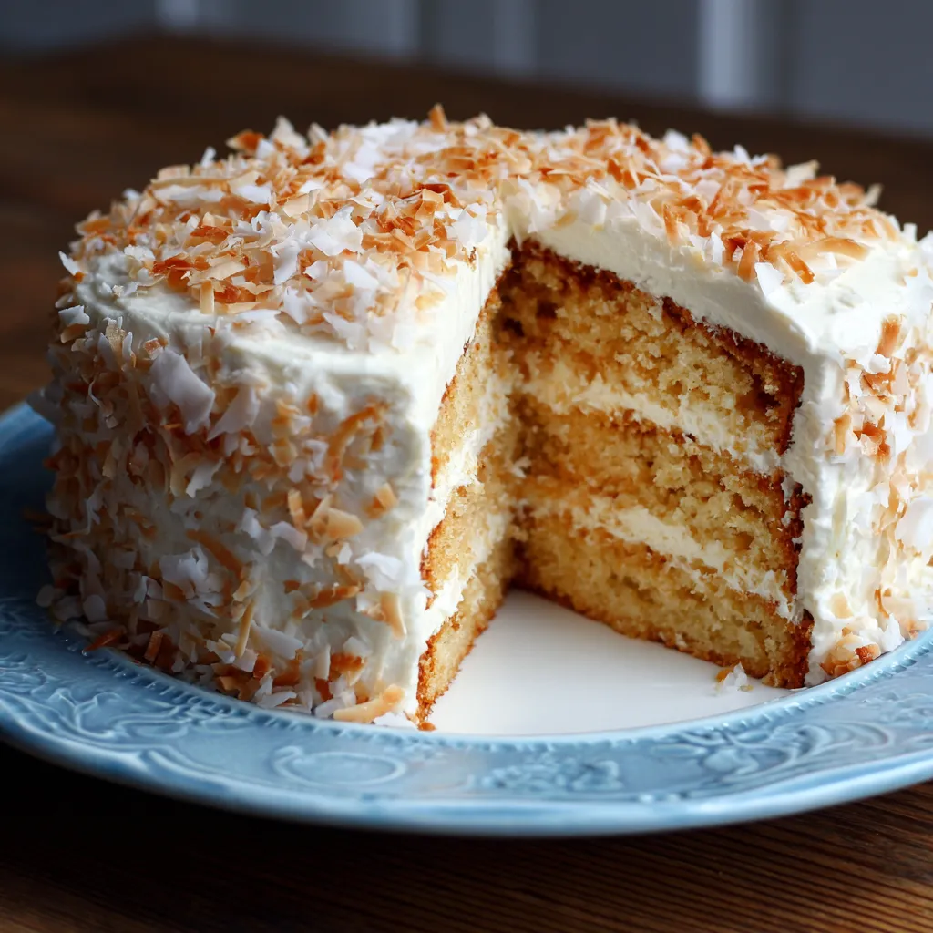Coconut Cake Recipe
Moist coconut cake with cream cheese frosting topped with shredded coconut on a white cake stand.