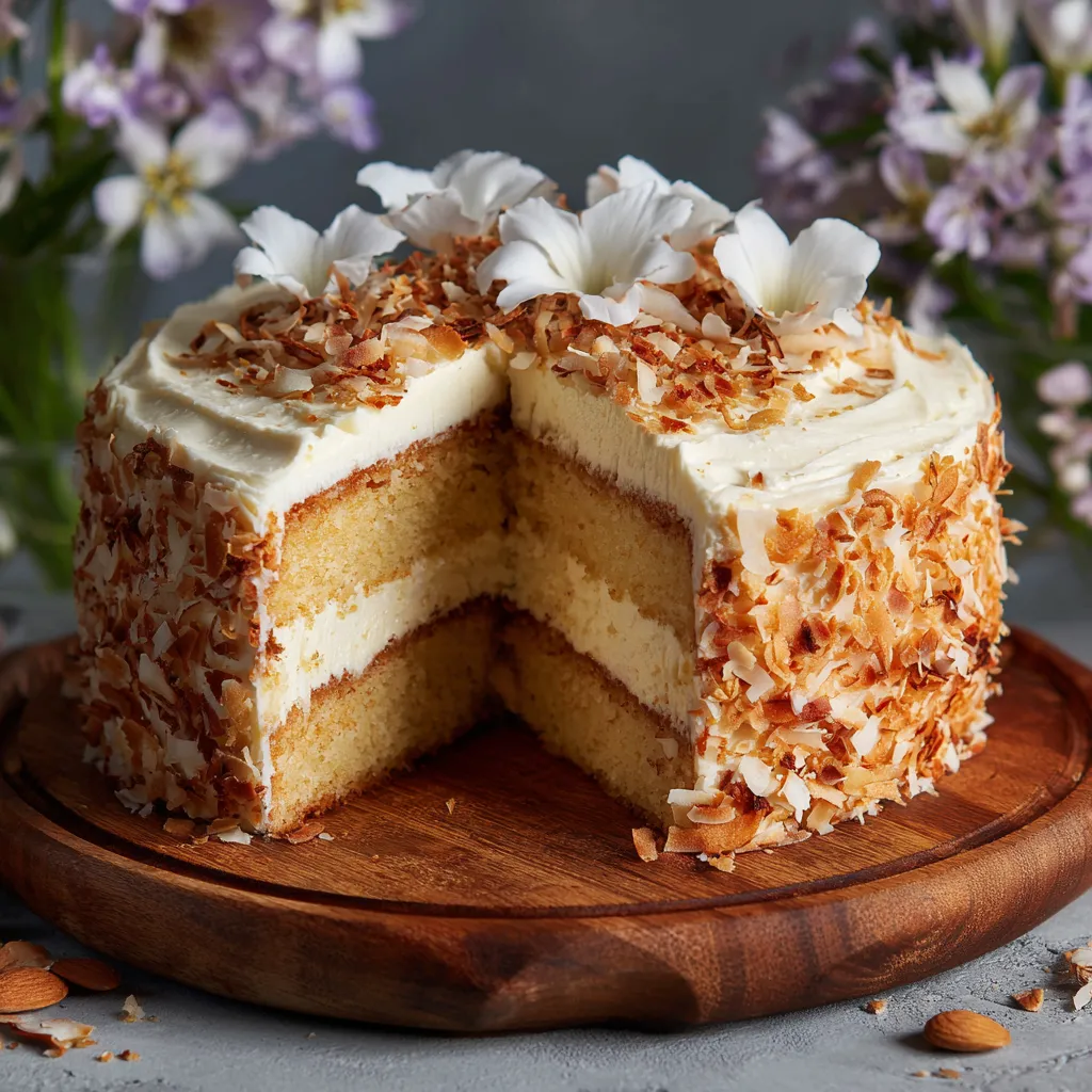 Coconut Cake Recipe
Moist coconut cake with cream cheese frosting topped with shredded coconut on a white cake stand.