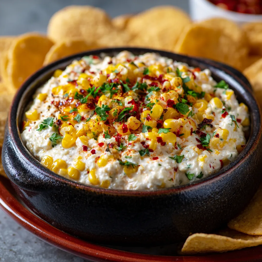 Creamy corn dip served in a bowl with tortilla chips on the side.