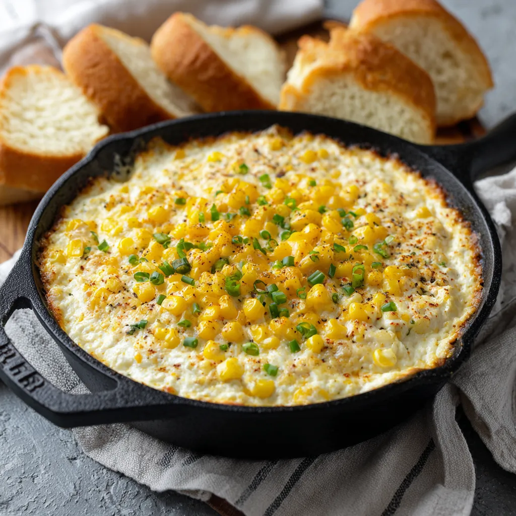 Corn Dip Recipe
Creamy corn dip served in a bowl with tortilla chips on the side.