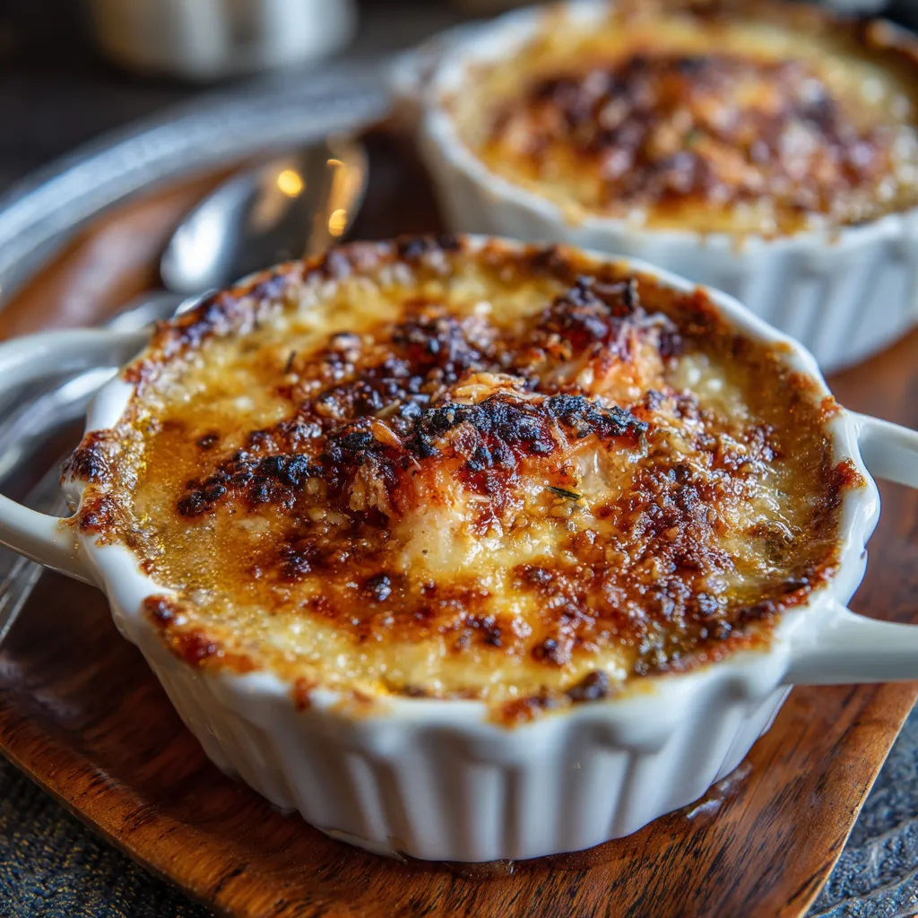 Golden Crab Brulee topped with melted Gruyère cheese and caramelized shallots in a ramekin
