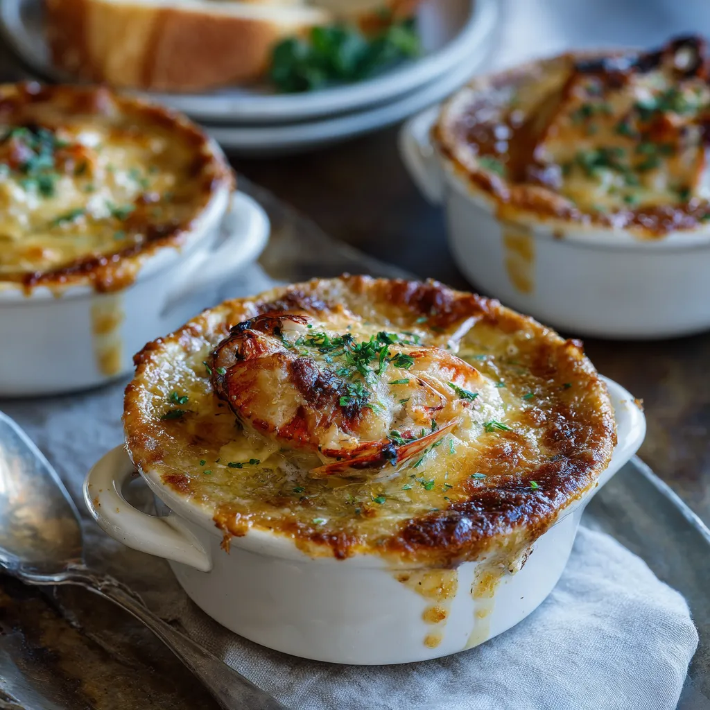 Golden Crab Brulee topped with melted Gruyère cheese and caramelized shallots in a ramekin