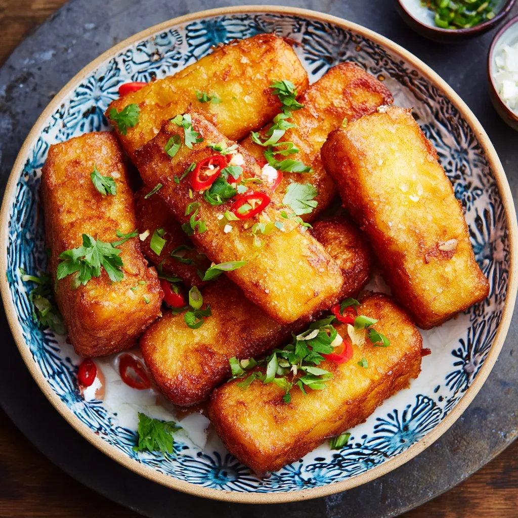 A plate of golden fried tauhu, freshly cooked to perfection. Crispy, golden brown, and served with a tasty dipping sauce, perfect for any snack or side dish.