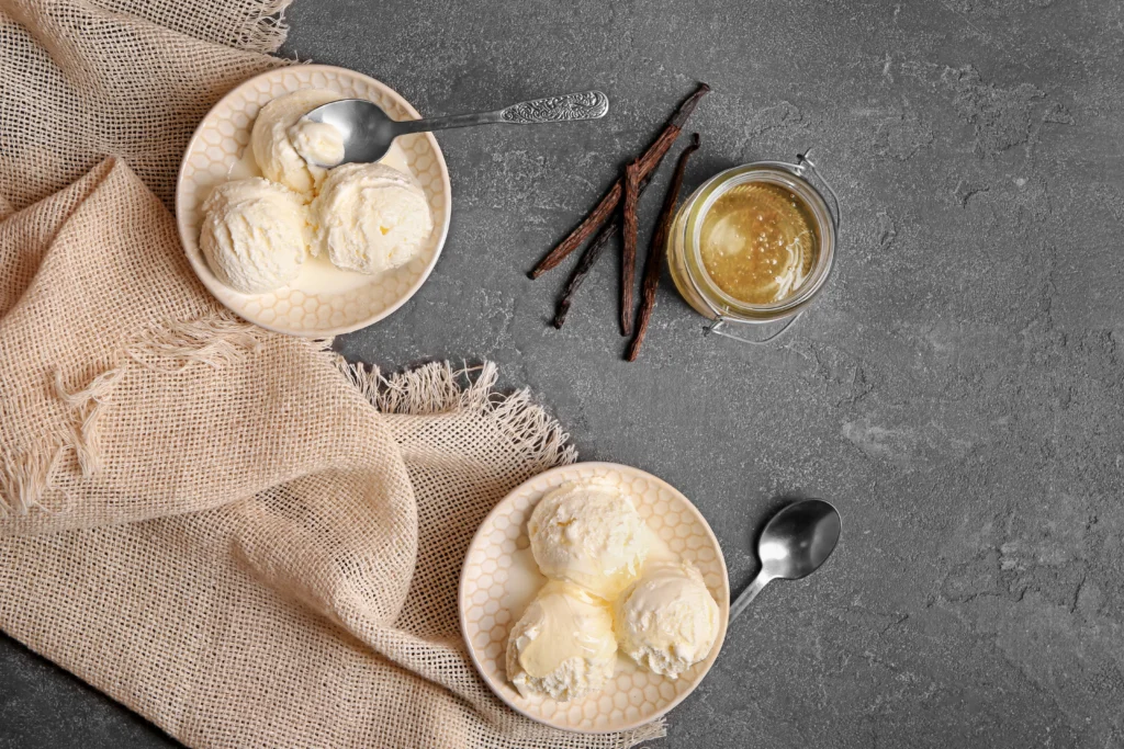 Simple homemade vanilla ice cream in a bowl with a creamy, smooth texture.
