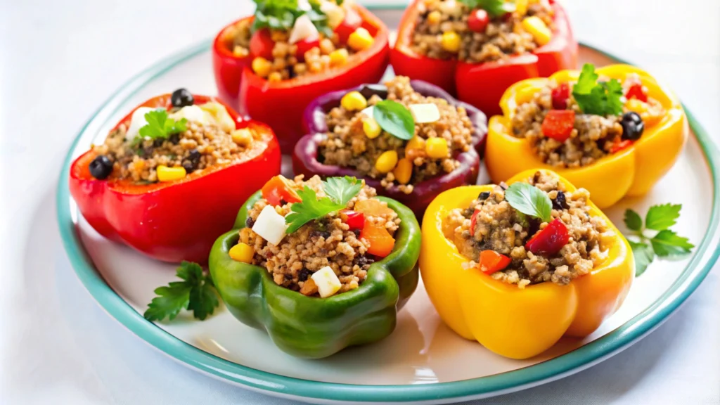 Avocado & Quinoa
Avocado and quinoa stuffed bell peppers on a plate, healthy colorful lunch