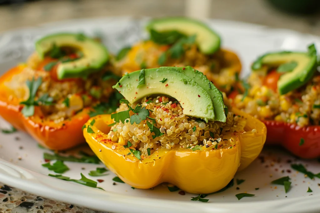 Avocado & quinoa stuffed bell peppers on a plate, healthy colorful lunch