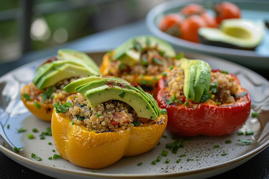 Avocado  & quinoa stuffed bell peppers on a plate, healthy colorful lunch