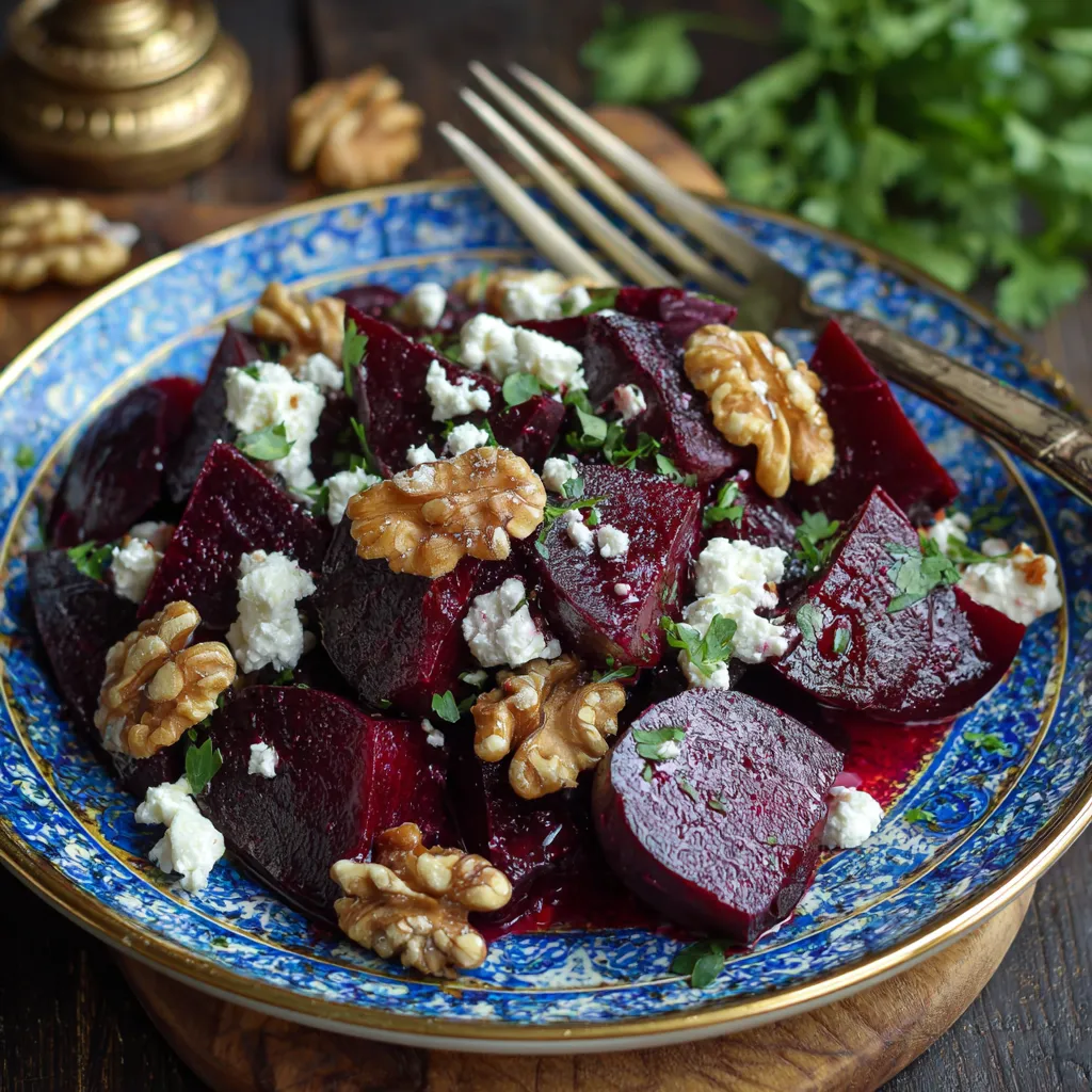 Healthy beet salad with feta and walnuts served fresh, featuring roasted beets, creamy feta cheese, and crunchy walnuts in a simple bowl.