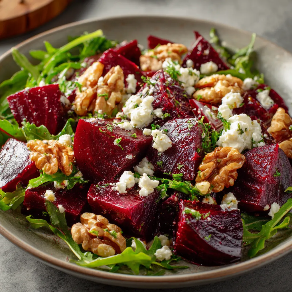 Healthy beet salad with feta and walnuts served fresh, featuring roasted beets, creamy feta cheese, and crunchy walnuts in a simple bowl.