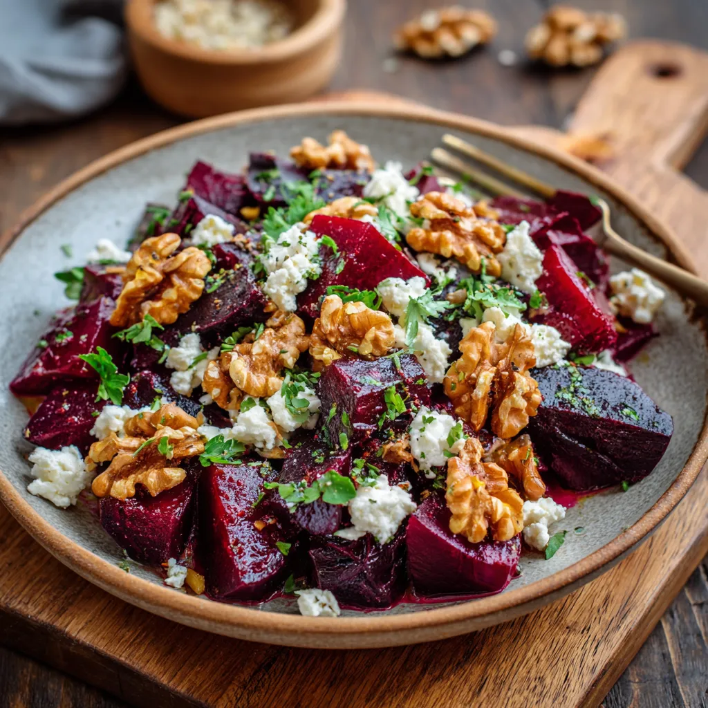 Healthy Beet Salad Recipe
Healthy beet salad with feta and walnuts served fresh, featuring roasted beets, creamy feta cheese, and crunchy walnuts in a simple bowl.