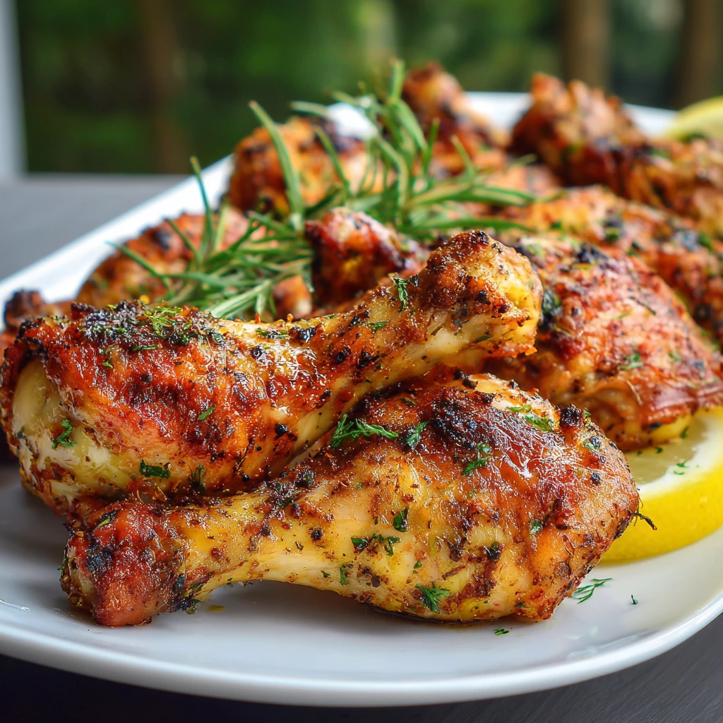 Juicy chicken legs baked until golden and tender on a serving plate